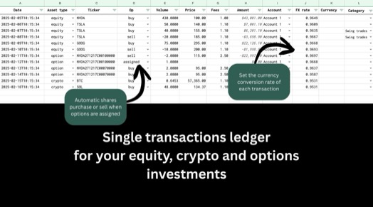 Transactions entry sheet for unified stock, crypto and options tracking